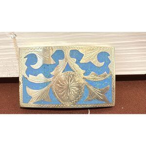 Vintage Western Style Dress Belt Buckle  Silver Tone Metal W/ Blue Accent
